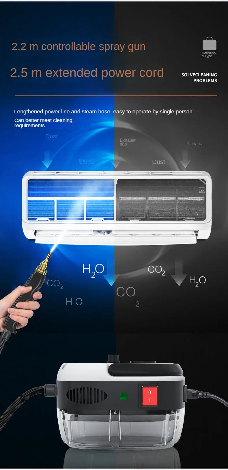 2500W Portable Steam Cleaner High Temperature Sterilization Pressure Jet Washer Machine for Home Car Kitchen Air Conditioner